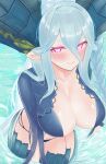  +_+ 1girl absurdres blue_hair blush breasts cleavage collarbone dragon_horns fate/grand_order fate/grand_order_arcade fate_(series) hair_between_eyes highres horns in_water large_breasts larva_tiamat_(fate) looking_at_viewer pink_eyes pointy_ears revealing_clothes solo stomach_tattoo tattoo thighhighs tiamat_(fate) water wennananyan 