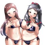  2girls asymmetrical_docking bikini black_bikini black_hair blush breast_press breasts brown_eyes brown_hair cleavage collarbone commentary fingernails hair_ribbon hands_on_own_chest highres idolmaster idolmaster_cinderella_girls koseki_reina large_breasts long_hair looking_at_viewer micro_bikini multiple_girls navel nervous ohnuma_kurumi open_mouth polka_dot polka_dot_ribbon purple_eyes reij_dddn ribbon short_bangs sidelocks simple_background small_breasts stomach sweat swimsuit upper_body white_background 