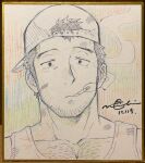  1boy absurdres backwards_hat bara baseball_cap beard_stubble chest_hair cigarette hat highres large_pectorals light_blush long_sideburns looking_at_viewer male_focus mature_male niichi_(niichi21) original pectoral_cleavage pectorals portrait raised_eyebrows shikishi short_hair sideburns smoke smoking solo tank_top traditional_media 