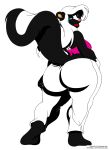  2009 anthro big_butt black_body black_fur blue_eyes bottomwear breasts butt chelsea_(satsumalord) clothing copyright_symbol deonwolf digital_media_(artwork) female fur hair hi_res mammal mephitid open_mouth pants simple_background skunk solo symbol thick_thighs topwear white_background white_body white_fur white_hair wide_hips 
