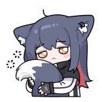  1girl :&lt; :3 ahoge animal_ears arknights black_gloves black_hair blush_stickers brown_eyes chibi ear_piercing fingerless_gloves gloves huang_qing_ye hugging_own_tail jacket jitome piercing red_hair simple_background sleep_bubble solo tail texas_(arknights) white_background white_jacket wolf_ears wolf_girl wolf_tail 