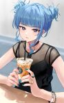 1girl absurdres aqua_nails asymmetrical_sidelocks black_choker blue_hair blunt_bangs bracelet choker coffee collarbone commentary cup disposable_cup dot_nose double_bun drinking_straw fingernails hair_bun hair_up highres holding holding_cup hololive hoshimachi_suisei jewelry long_eyebrows looking_at_viewer multiple_rings nail_polish open_mouth purple_eyes ring see-through shirt short_hair sidelocks simple_background sitting solo star_(symbol) star_in_eye symbol_in_eye tagosaku_(tatsukiuma0329) upper_body 