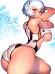  1girl adapted_costume ass ayanami_rei back blue_hair breasts fumio_(rsqkr) highleg highleg_leotard highres huge_ass huge_breasts large_breasts leotard looking_back neon_genesis_evangelion plugsuit pointing pointing_to_the_side red_eyes short_hair sideboob thick_thighs thighs wide_hips 