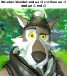  3d_(artwork) anthro canid canine canis clothing digital_media_(artwork) epic_games fortnite fur grey_body grey_fur headgear looking_at_viewer male mammal meme solo source_filmmaker text wendell_(fortnite) white_body white_fur wolf wolfnes yellow_eyes 