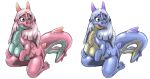  anthro blue_body blue_hair blue_nipples dragon duo female female/female hair horn kitsune_youkai kneeling nipples pink_body pink_hair pink_nipples tail 