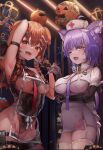  3girls absurdres ahoge breasts brown_eyes brown_hair cleavage cleavage_cutout clothing_cutout hair_ornament halloween hat highres hololive inugami_korone multiple_girls nekomata_okayu nishiro_hato nurse_cap ookami_mio purple_eyes purple_hair ribbon syringe thigh_strap thighhighs 