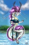  anthro antlers big_butt black_claws blue_clothing blue_topwear breasts butt claws cleavage clothed clothing cloud digitigrade dragon eastern_dragon eyelashes female floating floppy_ears fur grey_body grey_scales hi_res horn lake long_neck lop_ears navel pawpads pupils purple_body purple_fur red_eyes scales sky slit_pupils solo tabard tail tail_tuft tan_body tan_scales thick_thighs topwear tuft whiskers wide_hips wyrmskin 