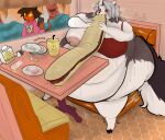  anthro areola being_watched belly big_belly big_breasts big_butt bodily_fluids breasts butt canid canid_demon demon english_text female food fur grey_body grey_fur grey_hair hair hellhound helluva_boss hi_res holding_food holding_object huge_belly huge_breasts imp looking_at_another loona_(helluva_boss) mammal morbidly_obese morbidly_obese_anthro morbidly_obese_female nipples notched_ear obese obese_anthro obese_female one_breast_out overweight overweight_anthro overweight_female plantedpot red_sclera sandwich_(food) sitting sweat text white_body white_eyes white_fur 