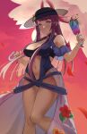  1girl absurdres bare_shoulders black_headwear breasts cleavage clothing_cutout dress dress_swimsuit fire_emblem fire_emblem_engage fire_emblem_heroes flower furrowed_brow hat highres ivy_(fire_emblem) ivy_(summer)_(fire_emblem) large_breasts long_hair mole mole_under_mouth navel official_alternate_costume one-piece_swimsuit pearlbbbb pout purple_eyes purple_hair solo stomach stomach_cutout swimsuit 