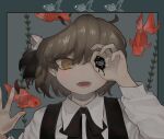  1girl against_fourth_wall black_ribbon blue_background blue_border border brown_eyes brown_hair collared_shirt commentary_request dripping fangs fish flower goldfish hair_flower hair_ornament hair_ribbon hands_up hatoba_tsugu highres long_sleeves looking_at_viewer ochinchin_(user_njww5827) ok_sign ok_sign_over_eye one_eye_covered open_mouth outside_border plant plant_request portrait ribbon shirt short_hair simple_background skin_fangs smile solo straight-on suspenders transparent tsugu_(vtuber) virtual_youtuber white_flower white_shirt 