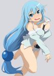  1girl alcohol aqua_(konosuba) bare_legs bare_shoulders barefoot blue_eyes blue_hair blush bottle breasts cleavage detached_sleeves grey_background hair_ornament holding kono_subarashii_sekai_ni_shukufuku_wo! large_breasts long_hair no_panties open_mouth saliva salpin simple_background smile solo 