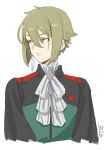  1boy 2022 androgynous ascot asticassia_school_uniform closed_mouth dated earrings elan_ceres expressionless green_eyes green_hair gundam gundam_suisei_no_majo hair_between_eyes highres jewelry kusada looking_to_the_side school_uniform short_hair simple_background solo tassel tassel_earrings upper_body white_ascot 