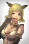  1girl 2023 animal_ears artist_name avatar_(ff11) black_gloves blonde_hair blue_eyes breasts cactus41747280 cat_ears cat_girl cleavage dated elbow_gloves eyelashes final_fantasy final_fantasy_xi finger_in_own_mouth fingerless_gloves fingernails gloves hand_up highres medium_breasts midriff mithra_(ff11) no_eyebrows open_mouth parted_bangs sharp_teeth short_hair short_twintails smile solo teeth twintails uneven_eyes upper_body 