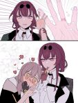  2girls applying_makeup blush closed_mouth d0600059994959 eyewear_on_head gloves hair_between_eyes heart highres honkai:_star_rail honkai_(series) jacket kafka_(honkai:_star_rail) lipstick makeup multiple_girls parted_lips purple_eyes purple_gloves purple_hair shirt single_glove spider_web_print stelle_(honkai:_star_rail) trailblazer_(honkai:_star_rail) white_shirt yellow_eyes yuri 