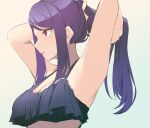  1girl absurdres adjusting_hair armpits arms_behind_head black_bra bra breasts commentary_request gradient_background highres jill_stingray large_breasts long_hair open_mouth ponytail profile purple_hair red_eyes simple_background solo swept_bangs underwear underwear_only upper_body va-11_hall-a yanagui 