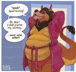  2023 anthro belly big_belly chubby_anthro chubby_male clothed clothing dialogue disney dragon dragontzin ears_up eastern_dragon eye_scar eyes_closed facial_hair facial_scar fangs felid fur hands_behind_head hi_res hybrid knot lion long_mustache male mammal mane mulan_(1998) mushu_(disney) mustache notched_ear open_clothing open_mouth open_robe overweight overweight_anthro overweight_male pantherine pink_clothing pink_robe raised_tail red_clothing red_underwear robe scales scar scar_(the_lion_king) scarshu signature slightly_chubby solo speech_bubble tail tail_tuft teeth text the_lion_king tuft underwear yawn 