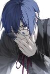  1boy 25-ji_kaito 25-ji_nightcord_de._(project_sekai) bespectacled black-framed_eyewear blue_eyes blue_hair blue_nails commentary_request dark_blue_hair fingernails glasses hair_between_eyes hand_on_own_face highres hr_rinn kaito_(vocaloid) korean_commentary long_sleeves looking_at_viewer male_focus neck_ribbon parted_lips red_ribbon ribbon simple_background solo upper_body vocaloid white_background 