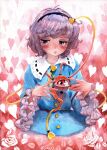  black_hairband blue_shirt buttons collared_shirt eyeball frilled_shirt_collar frilled_sleeves frills hair_ornament hairband heart heart_button heart_hair_ornament highres komeiji_satori long_sleeves messy_hair misawa_hiroshi noose painting_(medium) pink_eyes pink_hair ribbon_trim shirt short_hair third_eye touhou traditional_media watercolor_(medium) wide_sleeves 