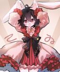  1girl :d animal_ears arms_up artist_name black_bow black_hair blush bob_cut bow brooch character_name commentary cowboy_shot dress dress_bow floppy_ears frilled_dress frills hair_between_eyes head_tilt inaba_tewi jewelry lennonrine long_sleeves looking_at_viewer messy_hair open_mouth pink_dress puffy_sleeves rabbit_ears rabbit_girl rabbit_pose rabbit_symbol red_dress red_eyes short_hair signature smile solo standing sunburst sunburst_background touhou translated two-tone_dress 