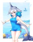  1girl alternate_costume bare_arms bare_shoulders blowhole blue_dress blue_eyes blue_hair blush bracelet cetacean_tail common_bottlenose_dolphin_(kemono_friends) cowboy_shot dolphin_girl dorsal_fin dress fins fish_tail fur_trim grey_hair head_fins highres jewelry kemono_friends looking_at_viewer multicolored_hair nokemono-san_(bocchi_friend) short_dress short_hair sleeveless solo tail tight_clothes tight_dress white_fur 
