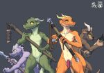  anthro athletic balls breasts brown_body featureless_breasts female flaccid genitals green_body group hi_res horn kobold komolord male orange_body penis purple_body pussy weapon yellow_eyes 