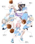  5girls absurdres ahoge akane_(blue_archive) alternate_costume asuna_(blue_archive) ball basketball_(object) basketball_jersey basketball_uniform black_hair blonde_hair blue_archive breasts cleaning_&amp;_clearing_(blue_archive) dribbling_(basketball) eye_trail floating_hair glasses halo highres jumping karin_(blue_archive) large_breasts light_trail long_hair multiple_girls neru_(blue_archive) number_print pink_hair shoes short_hair shorts simple_background slam_dunk_(basketball) sneakers sportswear toki_(blue_archive) upshirt very_long_hair white_background yoru0409 
