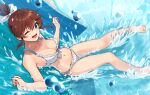  1girl bare_legs barefoot bikini blue_eyes breasts brown_hair cleavage collarbone frilled_bikini frills groin idolmaster idolmaster_million_live! idolmaster_million_live!_theater_days kamille_(vcx68) looking_at_viewer medium_breasts navel one_eye_closed open_mouth outstretched_arms ponytail satake_minako sidelocks smile solo swimsuit water water_slide white_bikini 