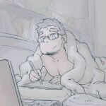  1boy :/ artist_self-insert bara beard_stubble bookshelf bulge computer covering covering_with_blanket deformed dogephalus drawing_tablet glasses huge_eyebrows laptop lying male_focus mature_male navel navel_hair nude_cover on_stomach original pectorals short_hair sideburns solid_oval_eyes solo thick_thighs thighs toned toned_male topless_male 