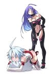  2girls ahoge black_thighhighs blue_hair blush breasts cleavage commission dominatrix elbow_gloves full_body gloves heart heart-shaped_pupils highres iris_heart kami_jigen_game_neptune_v long_hair looking_at_viewer masochism multiple_girls navel neptune_(series) power_symbol purple_hair red_eyes short_hair_with_long_locks smile spanked spanking symbol-shaped_pupils thighhighs whip whip_marks whipping white_heart 