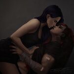  2girls arcane:_league_of_legends arcane_vi artist_name bandaged_arm bandages bandaid bandaid_on_arm bandaid_on_face bandaid_on_nose bare_arms bare_shoulders black_dress black_hair blood brown_background caitlyn_(league_of_legends) dress imminent_kiss injury inked_bad_wolf league_of_legends long_hair multiple_girls muscular muscular_female neck_tattoo red_hair scar tattoo vi_(league_of_legends) yuri 
