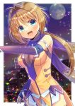  1girl :d bare_shoulders blue_eyes blue_gloves blurry blurry_background blush breasts choukou_sennin_haruka cleavage commentary_request commission depth_of_field elbow_gloves fishnets full_moon gloves hair_between_eyes hair_intakes hairband kou_hiyoyo light_brown_hair long_hair looking_at_viewer low_ponytail medium_breasts moon ponytail purple_hairband shirt skeb_commission sleeveless sleeveless_shirt smile solo takamori_haruka very_long_hair yellow_shirt 