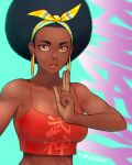  1girl abs afro alternate_hairstyle big_hair black_hair breasts brown_eyes camisole cleavage clothes_writing collarbone commentary crop_top dark-skinned_female dark_skin earrings english_commentary forehead hairband hoop_earrings jewelry kimberly_(street_fighter) kuji-in large_breasts looking_at_viewer no_bra parted_lips quasimodox red_camisole solo spaghetti_strap street_fighter street_fighter_6 thick_eyebrows toned upper_body very_dark_skin yellow_hairband 