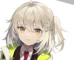  1girl ahoge arknights blonde_hair blush collared_shirt hair_ornament jacket necktie open_clothes open_jacket scene_(arknights) shirt simple_background smile solo star_(symbol) star_hair_ornament teeth touchika upper_body white_background yellow_eyes 