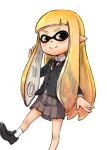  1girl 4shi black_footwear black_jacket blonde_hair commentary_request domino_mask highres inkling inkling_girl jacket loafers mask necktie pleated_skirt pointy_ears red_necktie school_uniform shoes skirt smile socks solo splatoon_(series) tentacle_hair translucent_hair white_socks yellow_eyes 