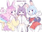  3girls animal_ears blue_hair braid cat_ears cat_tail hands_up holding jacket jikuno long_hair multicolored_hair multiple_girls open_mouth original pink_eyes pink_hair purple_eyes purple_hair purple_shirt rabbit_ears rabbit_tail red_shorts shirt short_hair shorts simple_background sitting sketch tail white_background 