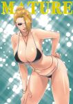  1girl artist_name bare_shoulders bikini blonde_hair blue_eyes breasts character_name cleavage collarbone commentary_request earrings eyepatch hair_bun hand_on_own_hip highres jewelry large_breasts leaning_forward lips mature_(kof) navel necklace parted_lips shiny_skin signature simple_background sk_(sk-g) smile stomach swimsuit the_king_of_fighters the_king_of_fighters_&#039;96 thighs water water_drop wet 