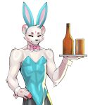  absurd_res alcohol alpha_channel anthro bear beverage bottle bunny_costume clothed clothing container costume crossdressing cup dave_blakemore_(dixelz) diamond_(marking) dixelz dziero eyes_closed fake_ears fake_rabbit_ears fur fur_markings glass glass_container glass_cup hand_on_hip hi_res holding_beverage holding_object holding_plate legwear male mammal markings mouth_closed multicolored_body multicolored_fur simple_background solo stockings teal_bunny_costume teal_topwear topwear transparent_background ursine white_body white_fur 