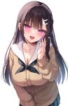  1girl black_hair breasts brown_cardigan calm_mashiro cardigan cleavage collarbone commentary_request hair_ornament hairclip large_breasts long_hair looking_at_viewer open_mouth original purple_eyes school_uniform simple_background smile solo white_background 