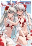  2girls ;) amatsukaze_(kancolle) bikini blue_sky blush breasts cloud commentary_request day flower grey_hair hair_between_eyes hair_flower hair_ornament hairband highres kantai_collection long_hair looking_at_viewer medium_breasts multiple_girls navel ocean one_eye_closed open_clothes open_shirt outdoors purple_eyes red_bikini red_eyes red_flower shimakaze_(kancolle) shirt sitting sky smile swimsuit takanashi_kei_(hitsujikan) two_side_up wet white_hairband white_shirt 