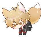  1boy animal_ears blonde_hair blush chibi fox_boy fox_ears fox_tails full_body limbus_company necktie open_mouth project_moon red_necktie short_hair simple_background sinclair_(limbus_company) solo sparkle suit sweat white_background 