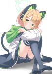  1girl absurdres animal_ear_headphones animal_ears black_thighhighs blonde_hair blue_archive blush bow cat_tail closed_mouth fake_animal_ears full_body green_bow green_eyes green_halo hair_bow halo headphones highres jacket long_sleeves looking_at_viewer midori_(blue_archive) olecafe2 short_hair simple_background smile solo tail thighhighs white_background white_jacket wide_sleeves 