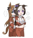  ... 2girls ? animal_ears big_belly blue_eyes blush blush_stickers brown_hair clenched_hands closed_mouth cropped_legs ears_down grass_wonder_(umamusume) hands_on_another&#039;s_stomach highres horse_ears horse_girl horse_tail jacket long_hair long_sleeves motion_lines multicolored_hair multiple_girls navel nose_blush open_clothes open_jacket open_mouth pants purple_eyes red_jacket red_pants shaded_face short_hair spawnfoxy special_week_(umamusume) spoken_ellipsis spoken_question_mark sweat tail trembling two-tone_hair umamusume 