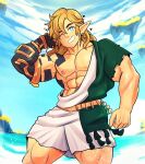  5_fingers abs absurd_res areola blue_eyes eyebrows fingers hair hi_res humanoid humanoid_pointy_ears hylian kingdomvelvet link male muscular muscular_humanoid muscular_male nintendo nipples not_furry pecs rauru&#039;s_arm smile solo tears_of_the_kingdom the_legend_of_zelda 