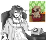  1girl aa2mee animal_connection animal_ears antique_phone black_collar black_eyes bone_hair_ornament braid cartoon_bone collar dog_ears dog_girl double-parted_bangs dress english_commentary greyscale hair_between_eyes hair_ornament highres holding holding_phone hololive inugami_korone inugami_korone_(1st_costume) jacket looking_at_viewer low_twin_braids monochrome on_chair phone photo-referenced reference_photo simple_background sitting talking_on_phone twin_braids upper_body virtual_youtuber white_background white_dress white_jacket 