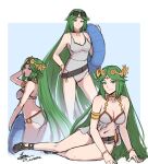  1girl alternate_costume ass border bracelet breasts cm_lynarc collarbone eyewear_on_head forehead_jewel green_eyes green_hair hand_on_own_hip jewelry kid_icarus lifebuoy looking_at_viewer multiple_views navel one-piece_swimsuit outside_border palutena signature smile standing sunglasses swimsuit 