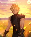  1boy absurdres armor azezazel bandaged_arm bandages black_gloves blonde_hair blue_eyes cloud cloud_strife cloudy_sky commentary earrings english_commentary final_fantasy final_fantasy_vii final_fantasy_vii_remake gloves grass highres jewelry looking_at_viewer male_focus mountainous_horizon outdoors parted_lips short_hair shoulder_armor signature single_bare_shoulder sky sleeveless sleeveless_turtleneck solo spiked_hair stud_earrings sunlight sunset suspenders sweater turtleneck turtleneck_sweater twitter_username upper_body 