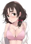  1girl absurdres asano_fuka black_hair bra breasts cleavage collarbone glasses hair_ribbon highres idolmaster idolmaster_cinderella_girls idolmaster_cinderella_girls_starlight_stage large_breasts long_sleeves looking_at_viewer low_twintails midriff moyashi_tomozuku off_shoulder parted_lips pink_bra red_ribbon ribbon shirt short_hair simple_background solo twintails underwear white_background white_shirt 