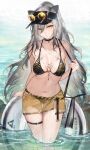  1girl absurdres alternate_costume arknights bare_shoulders bikini black_bikini black_choker black_headwear blush breasts choker cleavage collarbone grey_hair hair_between_eyes highres innertube large_breasts long_hair looking_at_viewer navel outdoors parted_lips partially_submerged ponytail qiandaiyiyu schwarz_(arknights) see-through see-through_skirt skirt solo standing stomach swimsuit thigh_gap thigh_strap thighs visor_cap water yellow_eyes yellow_skirt 