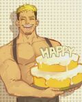  1boy :d absurdres artist_request bara birthday blonde_hair cake facial_hair facing_viewer food goatee gyee highres holding holding_cake holding_food large_pectorals male_focus mature_male muscular muscular_male original pectorals romg scar scar_across_eye scar_on_face short_hair smile solo suspenders thick_eyebrows undercut upper_body 