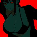  1girl @_@ black_bra black_hair black_shirt bra breasts chainsaw_man cleavage closed_mouth colored_skin green_skin large_breasts limited_palette looking_at_viewer makima_(chainsaw_man) outstretched_arms red_eyes shirt spot_color spread_arms underwear unfinished upper_body zeon_(zzeeonn) 